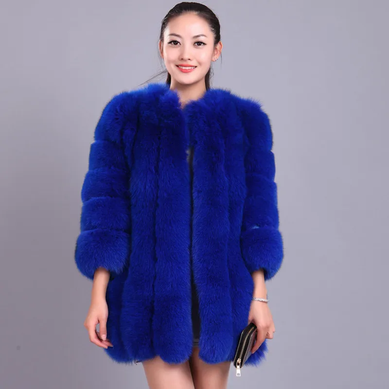 Вертикальное пальто с натуральным лисьим мехом женское длинное пальто с натуральным лисьим мехом осенне-зимняя тонкая куртка с натуральным лисьим мехом большого размера - Цвет: Синий