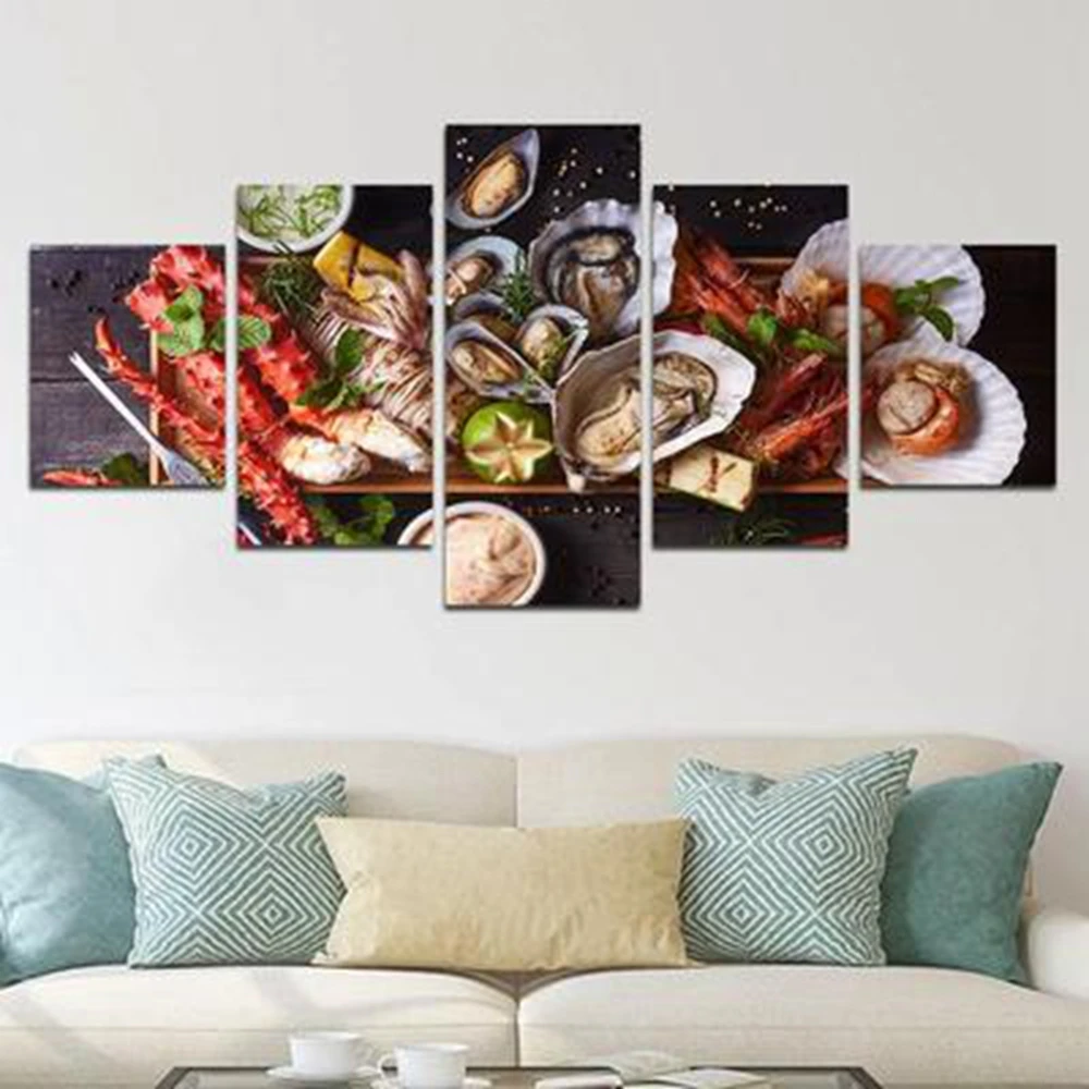 Seafood Meal 5 Pieces Food Fresh Oyster Lobster Wall Art Modular