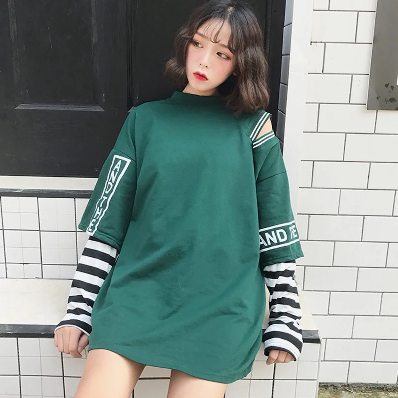  Striped Patchwork Women's Sweatshirt Hoodies Long Sleeve Hip Pop Cold Shoulder Women Hoody 2019 Aut