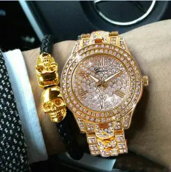 Karopel мужские хип-хоп Iced out золотые часы с черепом Bling кожаный веревочный браслет подарочный набор - Окраска металла: Combination set