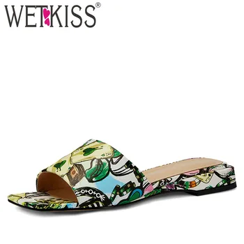 

WETKISS Exotic Slippers Women Low Heels Slides Shoes Print Mules Shoes Ladies Cow Leather Casual Beach Shoes Female Summer 2019