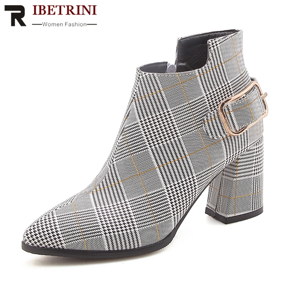 

RIBETRINI 2019 Winter Plus Size 32-47 Fashion Gingham Ankle Boots Women Elegant Buckle Fur Boots High Heels Shoes Woman