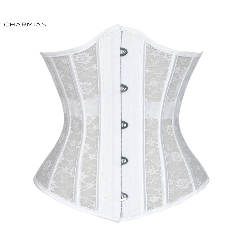 Charmian Women's Retro Gothic Underbust Corset White Lace Steel Boned