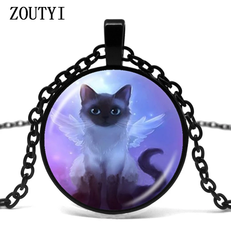 

2018 / hot sale, cute gray fairy cat photo necklace angel wing cat pendant kitten jewelry animal glass dome jewelry