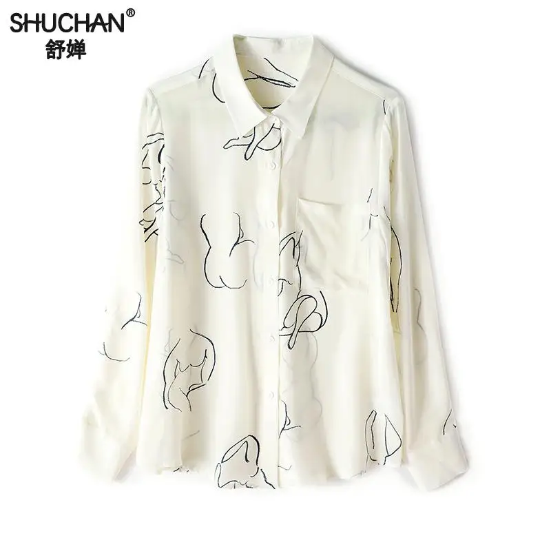 

Shuchan 100% Silk Print Women Blouses Blusas 2019 Women's Fashion Designer Clothing High Quality Shirt For Woman Tops R10093