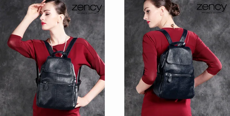 ZENCY100% Genuine Cow Leather Many Pockets Women Ladies Girl Silver Gray White Pink Light Blue Backpack Top Cowhide School Bags