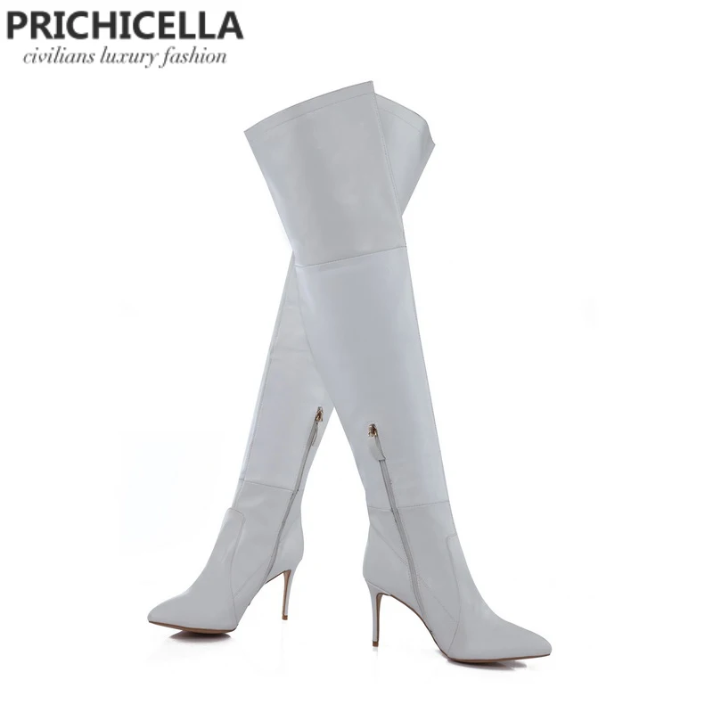 PRICHICELLA 8 см 10 см серый натуральная кожа сапоги выше колена высокие ботинки size34-42