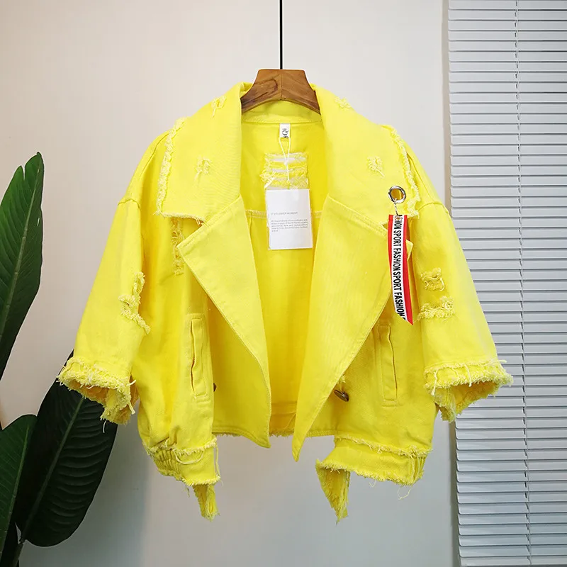 

2019 Autumn Winter New Jean Jacket Pockets Holes Women Denim Jackets Pole Female Casual Loose Basic Coat Cool Girl Outwear M126