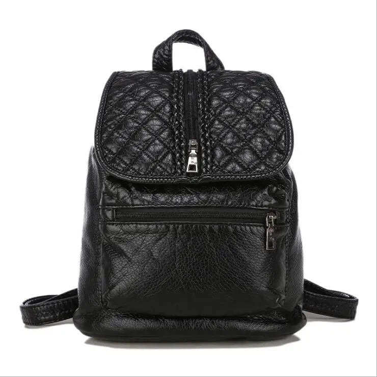 Pure black fold women backpack washable PU leather ladies bag woman college wind small backpack fashion
