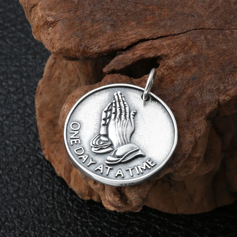 BOCAI S925 Silver Vintage Fashion Round Pendant Personality Prayer Hand Letters for Men and Women