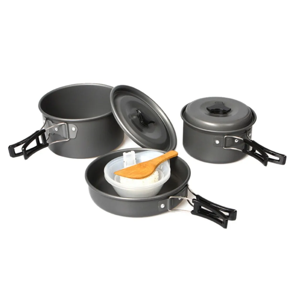 Venta caliente al aire libre ollas Kit grande pequeña olla de cocina utensilios de cocina juego de Picnic para sartén cuchara de arroz de cuencos de aluminio