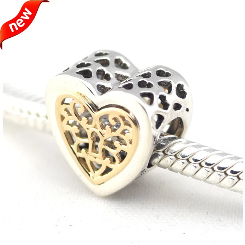 

CKK 925 Sterling Silver Jewelry 14K Gold Locked Hearts Original Charms DIY Beads Fits Bracelets For Jewelry Making