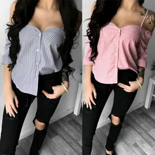 Women Ladies Summer Long Sleeve Blouse Fashion Strap Shirt Loose Sexy Off Shoulder Button Casual Stripe Blouse Tops Shirt S -XL