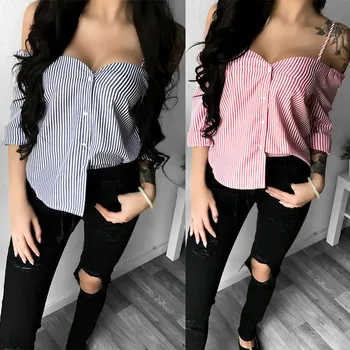 

Women Ladies Summer Long Sleeve Blouse Fashion Strap Shirt Loose Sexy Off Shoulder Button Casual Stripe Blouse Tops Shirt S -XL