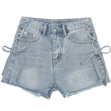 Для женщин Джинсовые шорты летние Новинка; модный стиль отрезать на шнуровке Высокая Талия Винтаж короткие джинсовые штаны Повседневное для девочек светло-синий