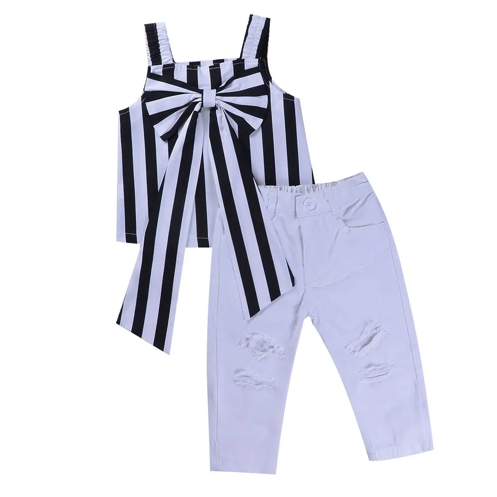  New 2pcs Clothing Sets Kids Girls Striped Bowknot Bandage Vest Tops Butterfly Off Shoulder TankWhit