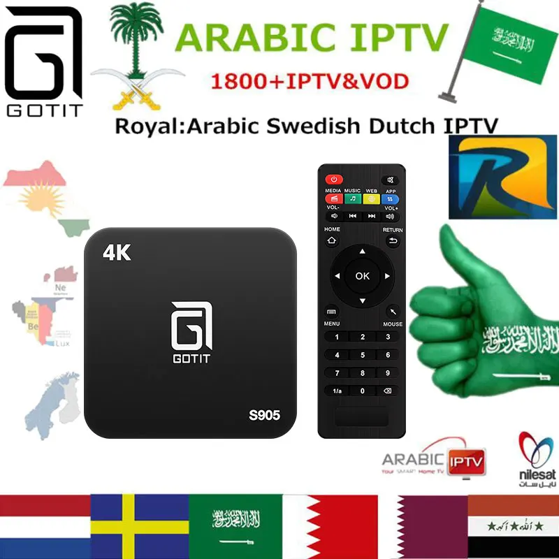 

GOTiT Arabic IPTV S905Android 4K UHD Smart TV box 1850+ Live Royal IPTV Sweden Europe Dutch Kurdish Sports News Set Top Box