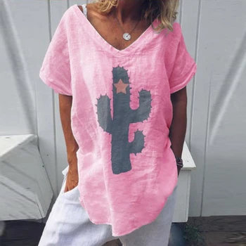 

Cactus Printed T Shirt For Women Short Sleeve Cotton Plain Female Tunic Casual O Neck Women's Shrits Solid Plus Size 5XL