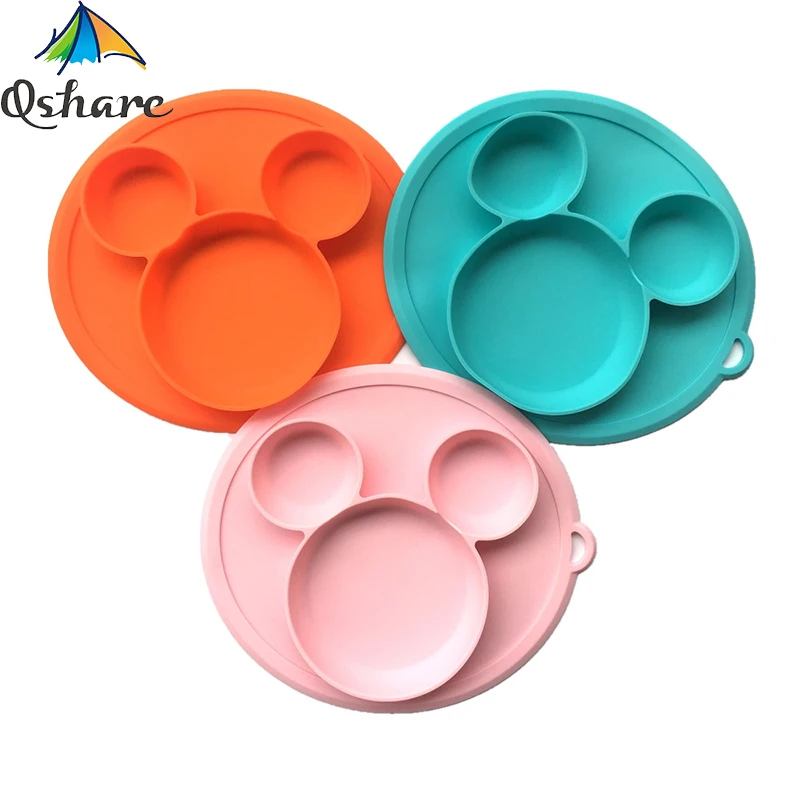 Qshare Baby FDA Silicone Baby Bowl Suction Mickey Plate for kids with Lid BPA Free Feeding Kids Tableware Children Dining Dishes