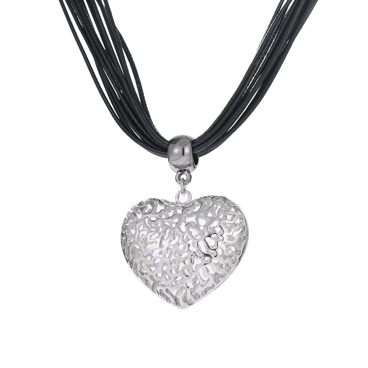 

Big Hollow Heart Silver Pendant Vintage Necklace Leather Layered Chain Statement Long Necklace Fashion Women Jewellery Wholesale