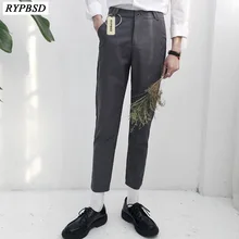2017 Spring Autumn Fashion Classic Metal Ring Design Skinny Suit Pants Men Dress Formal Business Casual Ankle Length Pants Men