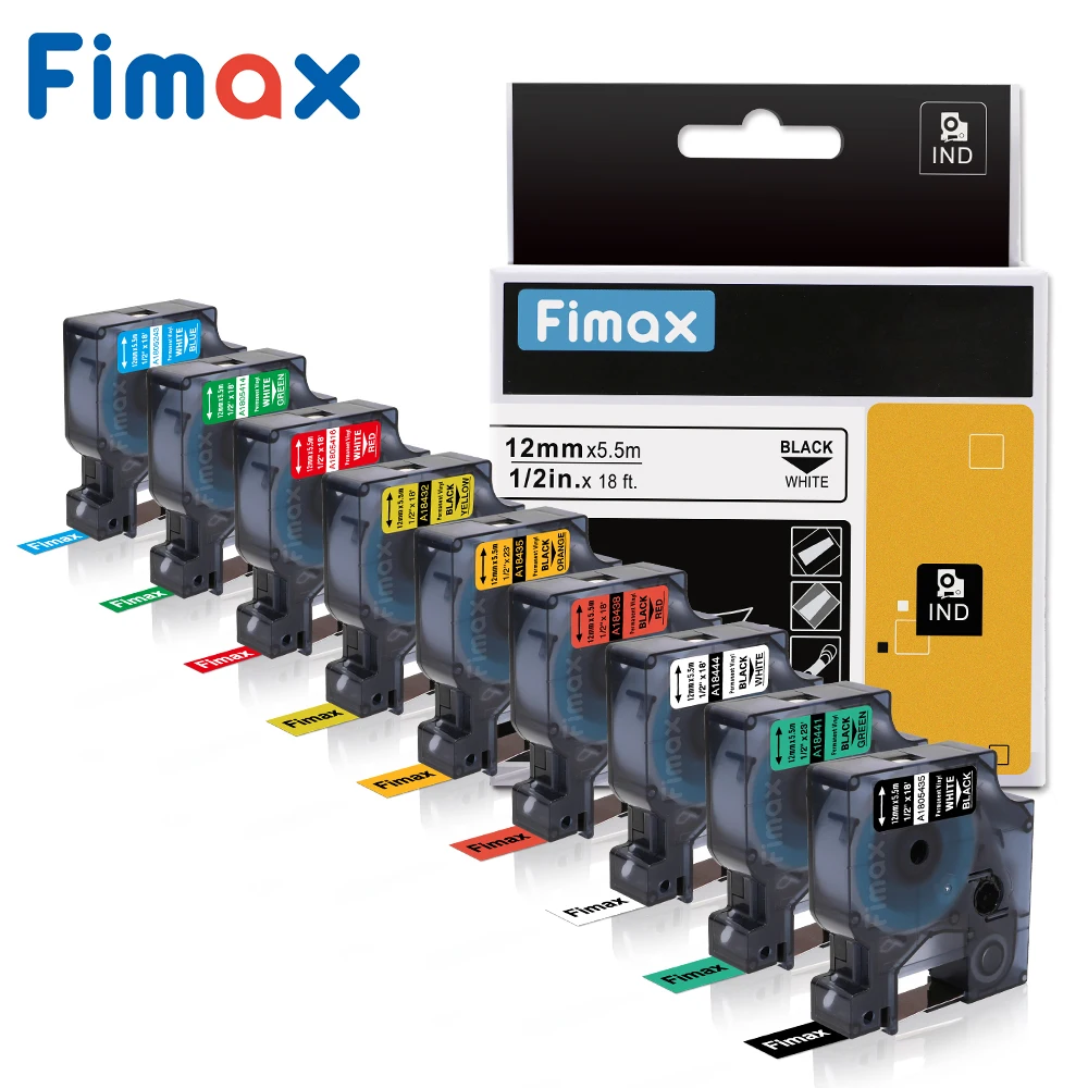 Fimax 4 шт. промышленный Dymo Rhino цветные виниловые этикетки лента 12 мм 18432 18435 18438 18444 для Dymo Rhino 5000 принтеры этикеток