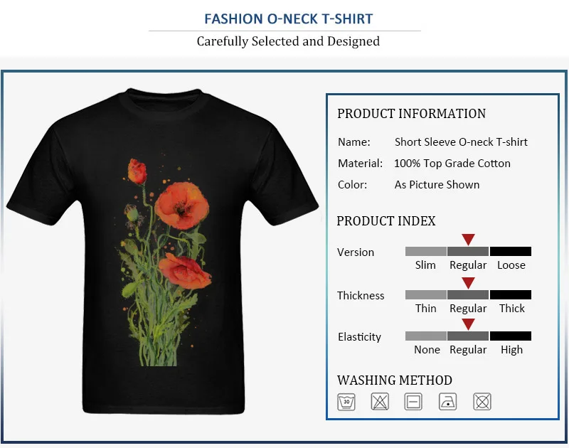 100% Cotton Young Short Sleeve Red Poppies Watercolor T-Shirt Summer Tops Shirt Plain Crazy Crew Neck Tee-Shirts Red Poppies Watercolor