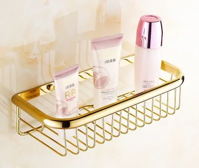 Gold-plated brass carved soap net European bathroom pendant set bathroom creative shower baskets bathroom hardware accessories - Color: square basket