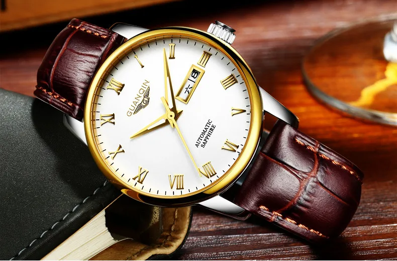 Бренд Для мужчин часы GUANQIN Luxury Часы модные Повседневное спортивные Наручные часы мальчик механические часы кожа Водонепроницаемый часы