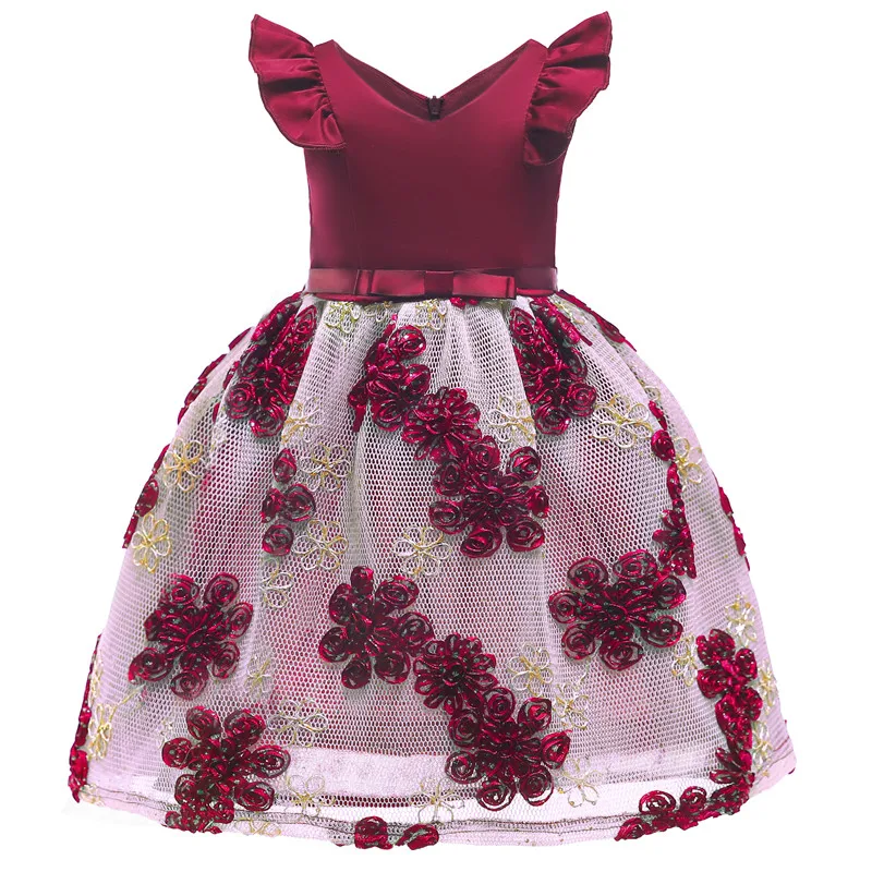 Шелковое рождественское платье принцессы с v-образным вырезом для маленьких девочек; цвет винный, красный; вечерние платья для маленьких девочек; одежда для детей