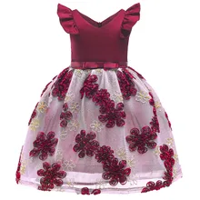 Шелковое рождественское платье принцессы с v-образным вырезом для маленьких девочек; цвет винный, красный; вечерние платья для маленьких девочек; одежда для детей