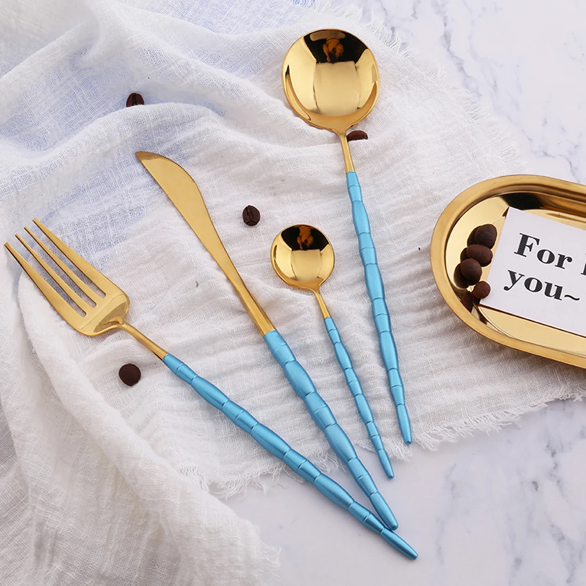 

Hot Sale 4 pieces Bamboo Portugal blue and gold Dinnerware 304 Stainless Steel Western Cutlery Kitchen Food Tableware Set