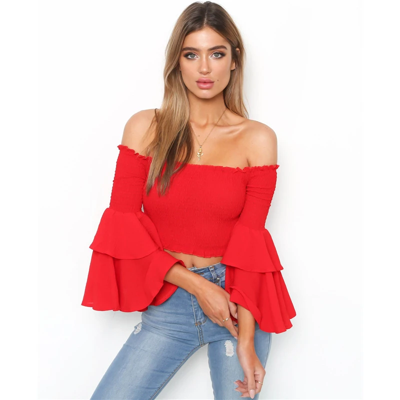 Blusa de manga acampanada para mujer, camisa elástica con cuello de barco, Tops sexys mujer, moda de primavera y verano|Blusas camisas| - AliExpress