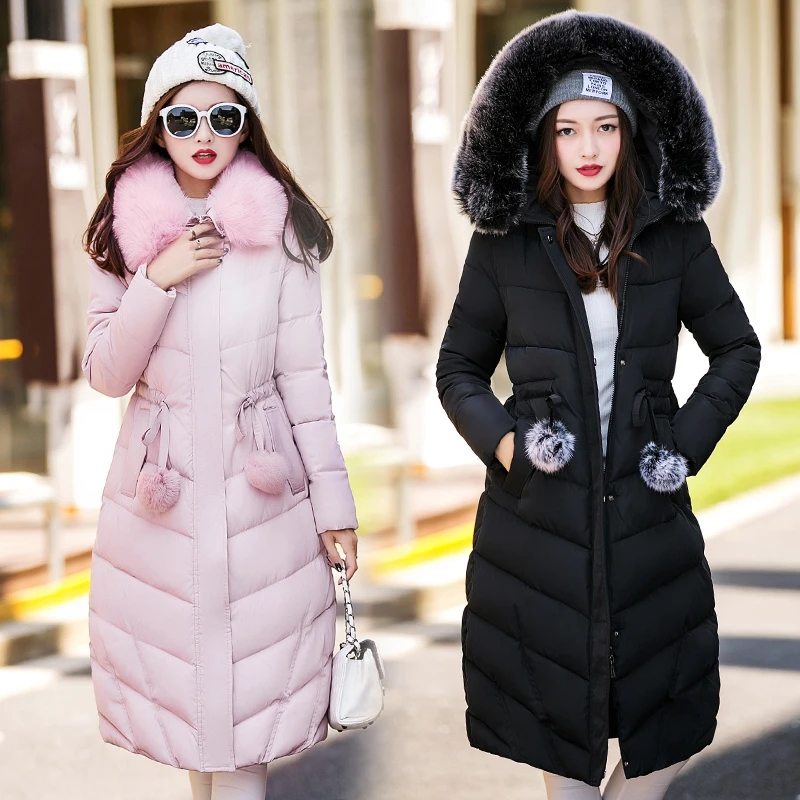 2016 Cotton Padded Women Down In The Long Thick Winter Coat Fur Collar Big Slim Winter