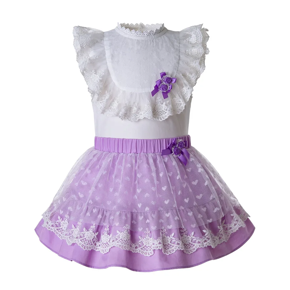 

Pettigirl Summer 2PCS Purple Heart-shape Mesh Flower Girl Clothing Set White Shirt + Purple Skirt With Headband G-DMCS112-B483