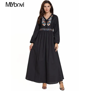 

Mlybovi V Neck Embroidery Dress Moroccan Kaftan Muslim Dubai Fashion Arab Long Sleeve Muslim Casual Dress 2019