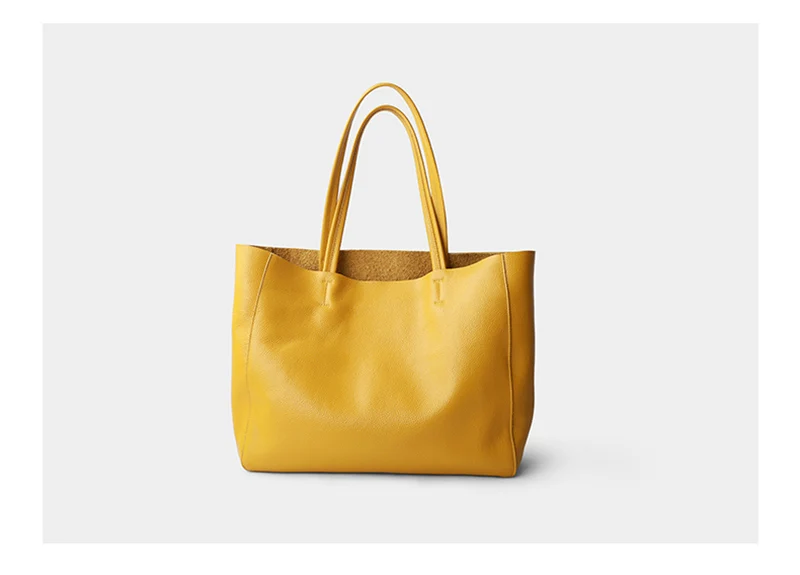 Women Luxury Bag Casual Tote Female Lemon Yellow Fashion Shoulder Handbag Lady Cowhide Genuine Leather Shoulder Shopping Bag