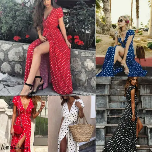 Женское летнее платье макси в горошек Boho повседневное пляжное с коротким рукавом