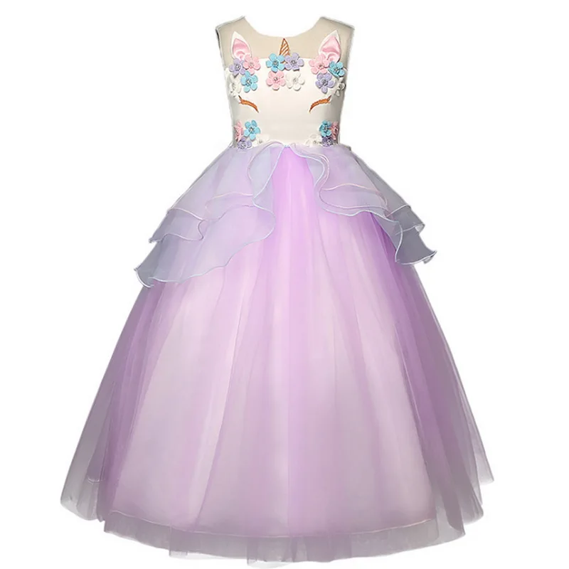 Большая девочка принцесса костюм единорога платье-пачка из тюля летние цветы костюм без рукавов День рождения нарядное платье Фиолетовый