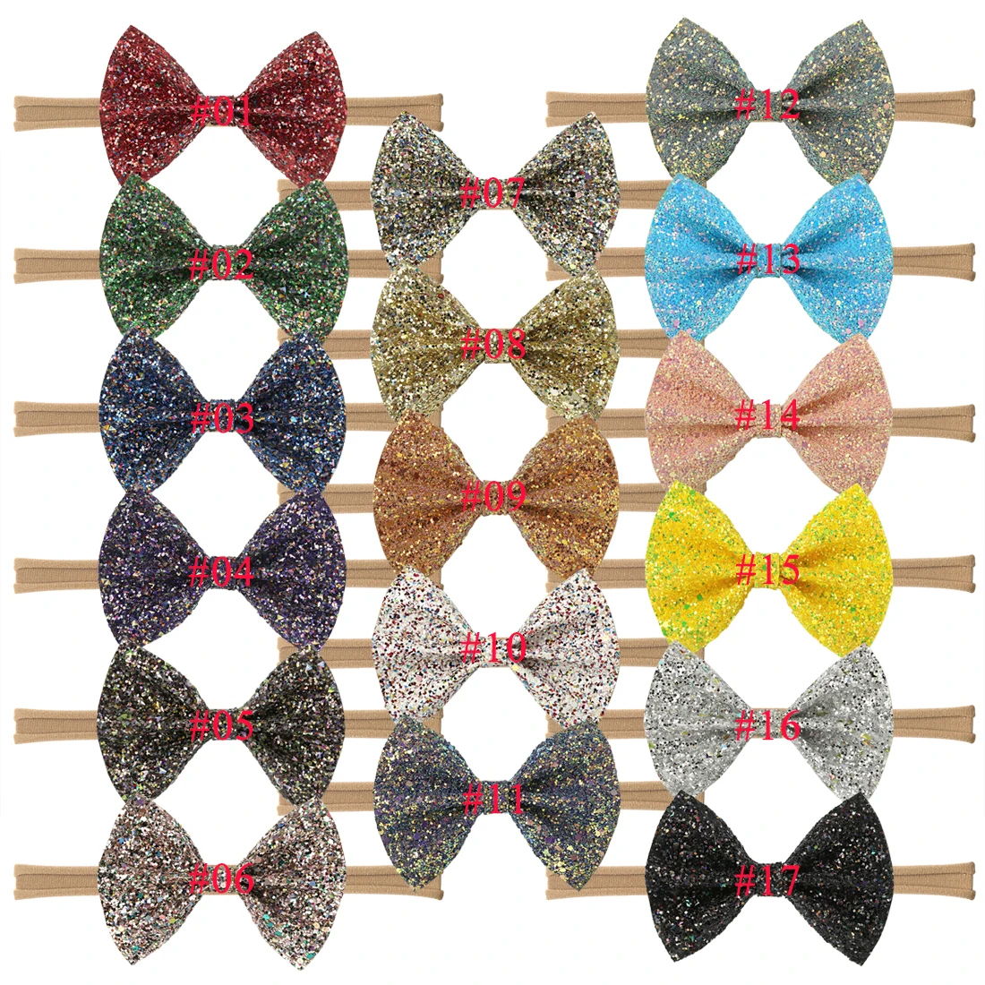 17pcs/lot Nylon Headband Children Stretchy Headwear Glitter Bowknot