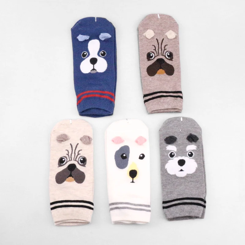 5 Pairs Female Breathable Happy Women Boat Cartoon Animal Pug Dog Girl Boat Socks Cotton Short Socks Funny No Show Sock Slippers
