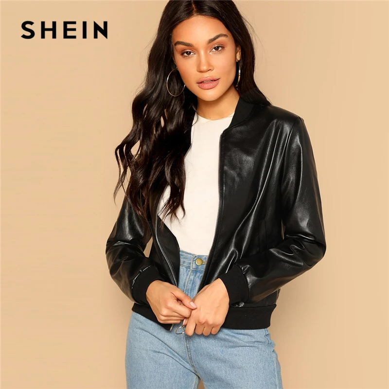 amazing  SHEIN Black Zip Up Faux Leather Bomber Jacket Casual Stand Collar Pocket Plain Outerwear 2019 Women