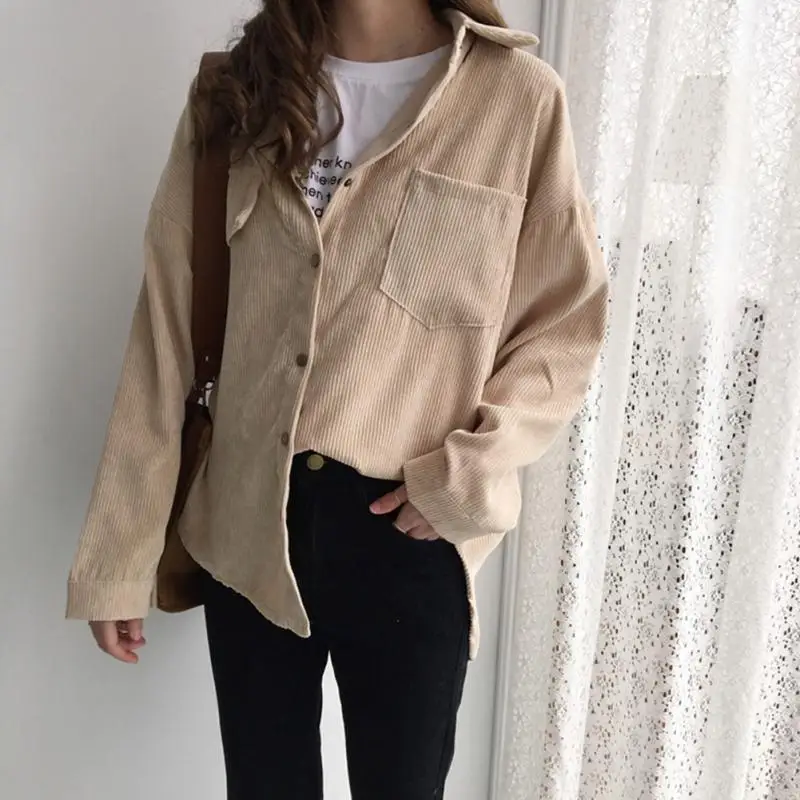 

2019 Spring Loose Shirts Women Solid Long Sleeve Retro Shirt Ladies Corduroy Blouse Tops