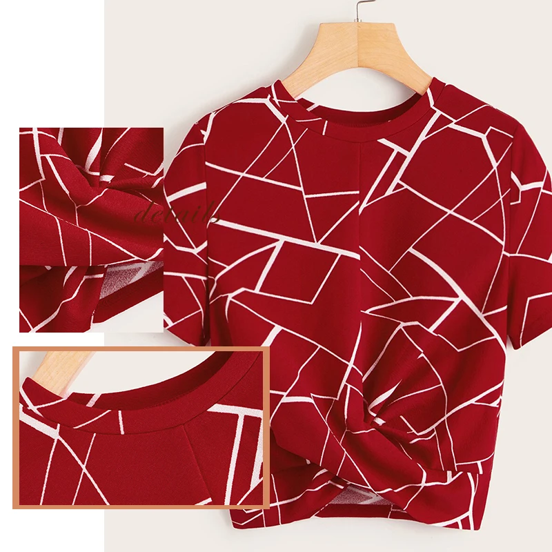 SweatyRocks короткий топ с перекрестной обмоткой Geo, уличная одежда с коротким рукавом, облегающие футболки, летние повседневные женские базовые футболки