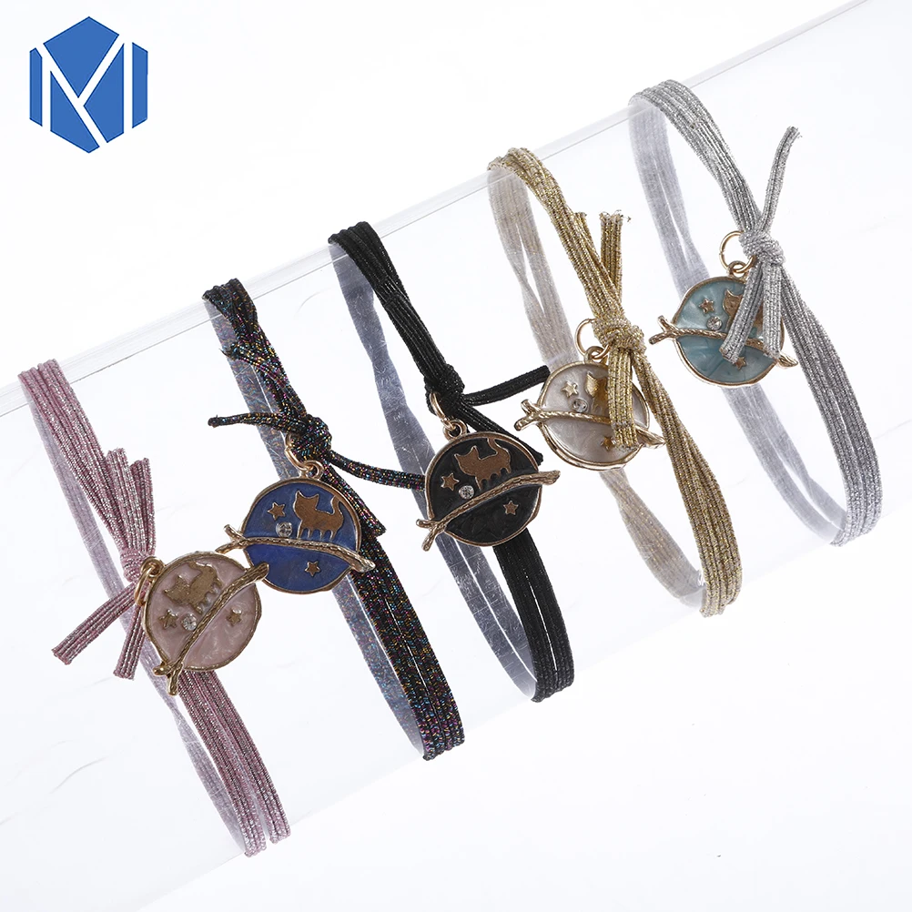 M MISM 2 PCS Girls Shining Elastic Hair Rubber Bands With Badge Cat