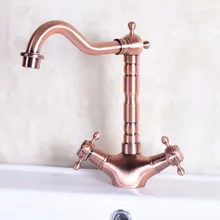 Винтаж красный Медь античная латунь двойные крестообразные ручки поворотный Носик Ванная комната бассейна Кухня Раковина кран холодной и горячей смесителя anf255