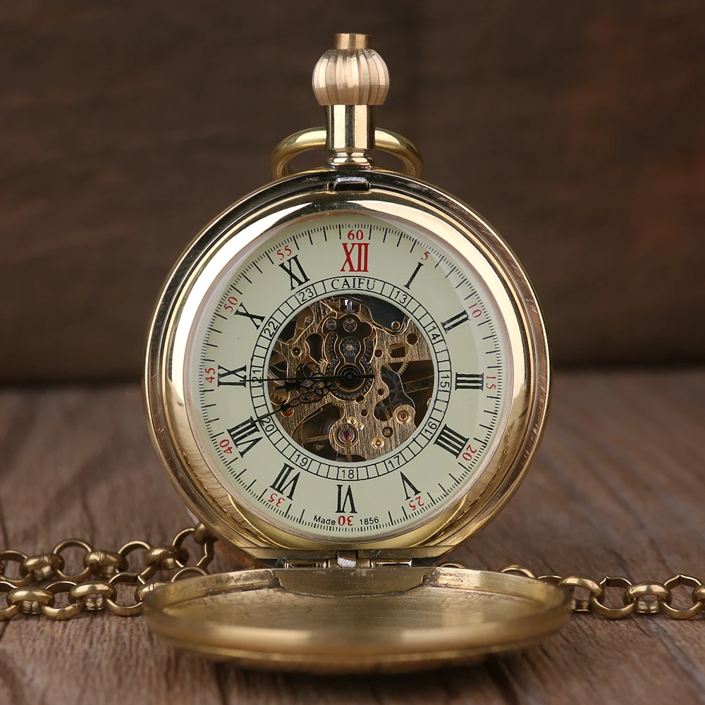 Роскошные золотые карманные часы Скелет стимпанк Механический ручной Ветер Fob часы мужские и женские унисекс подарок+ цепочка подарок