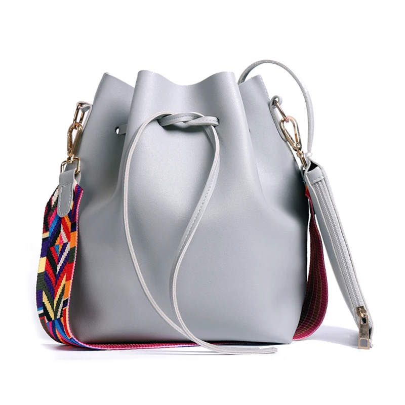 

Women bag with Colorful Strap Bucket Bag Women PU Leather Shoulder Bags Designer Ladies Crossbody messenger Bags