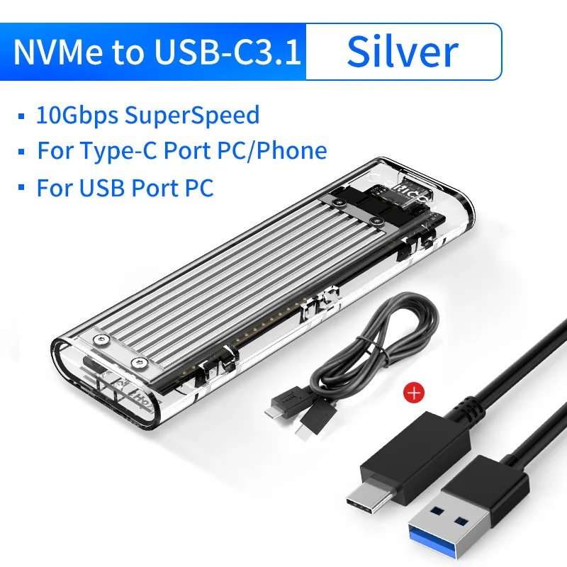 

ORICO TCM2-C3 SSD Enclosure Case NVME M.2 SSD Enclosure 10Gbps Type-C USB3.1 Gen2 External SSD Case Transparent silver and gray