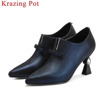 

High quality vintage sheep leather high heels zi[[er shallow pumps plus size oxford pointed toe bow-knot mature mujer pumps L71